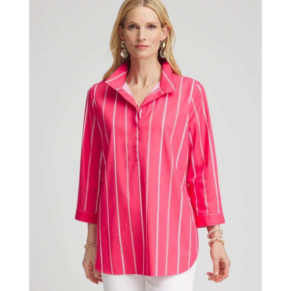 NWT Chicos women top 0 small Shirt No Iron Stretch Stripe Button 3/4 Dried Roses